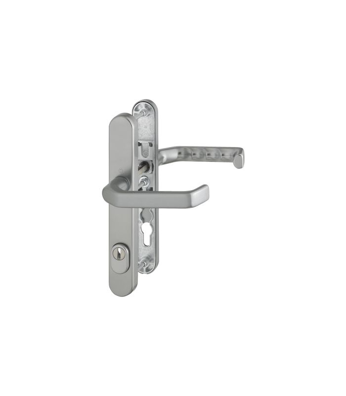 HOPPE Sicherheits-Drückergarnitur Liverpool 1313G/3359ZA/3357N, Langschild oval, 15mm, ES 1, mit Zylinderabdeckung, Profilzylinder gelocht, Entfernung 92mm, Vierkant 8mm, Türstärke 67-72mm, stahlfarbig eloxiert