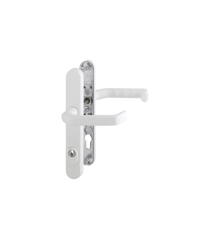 HOPPE Sicherheits-Drückergarnitur Liverpool 1313G/3359ZA/3357N, Langschild oval, 15mm, ES 1, mit Zylinderabdeckung, Profilzylinder gelocht, Entfernung 92mm, Vierkant 8mm, Türstärke 67-72mm, verkehrsweiß beschichtet