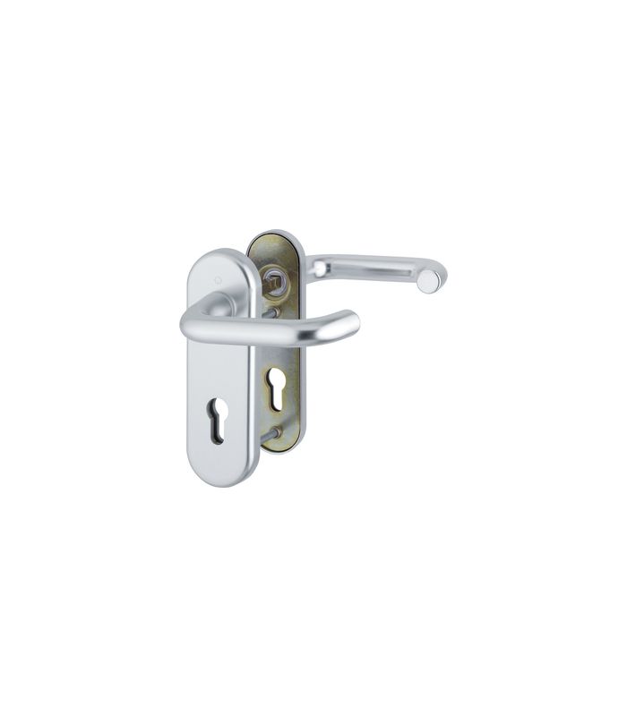 HOPPE Sicherheits-Drückergarnitur Paris 138L/3331K/353K-1, Kurzschild oval, 12mm, ES 1, ohne Zylinderabdeckung, Profilzylinder gelocht, Entfernung 72mm, Vierkant 8mm, Türstärke 37-42mm, naturfarben eloxiert