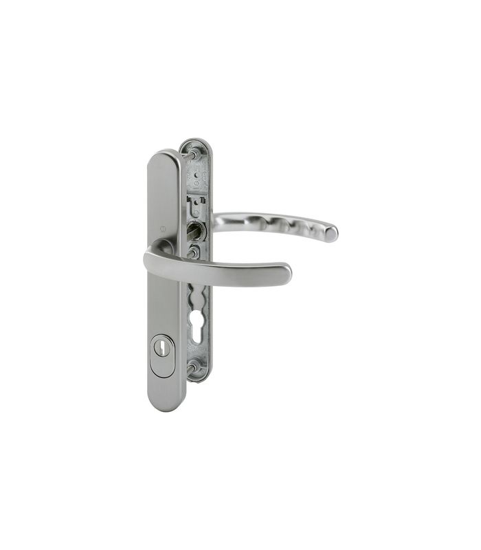 HOPPE Sicherheits-Drückergarnitur Luxembourg 1500/3359ZA/3357N, Langschild oval, 15mm, ES 1, mit Zylinderabdeckung, Profilzylinder gelocht, Entfernung 92mm, Vierkant 8mm, Türstärke 67-72mm, stahlfarbig eloxiert