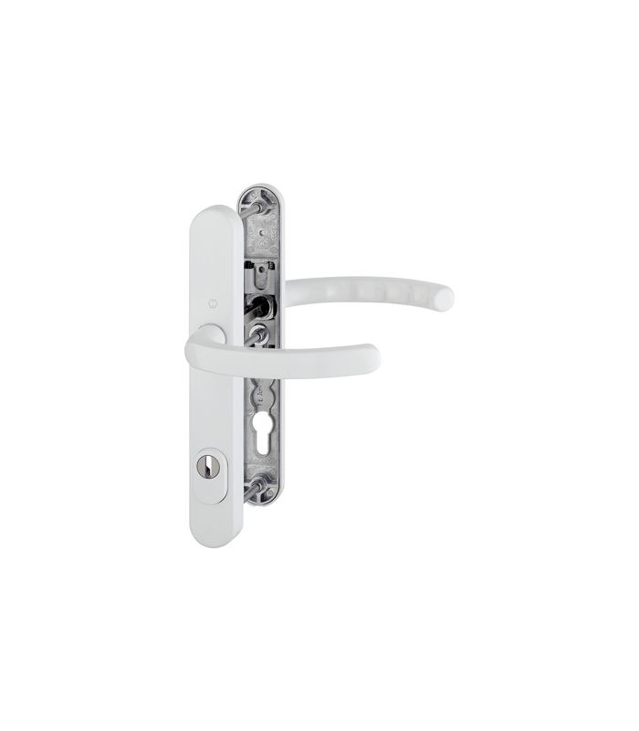 HOPPE Sicherheits-Drückergarnitur Luxembourg 1500/3359ZA/3357N, Langschild oval, 15mm, ES 1, mit Zylinderabdeckung, Profilzylinder gelocht, Entfernung 92mm, Vierkant 8mm, Türstärke 67-72mm, verkehrsweiß beschichtet