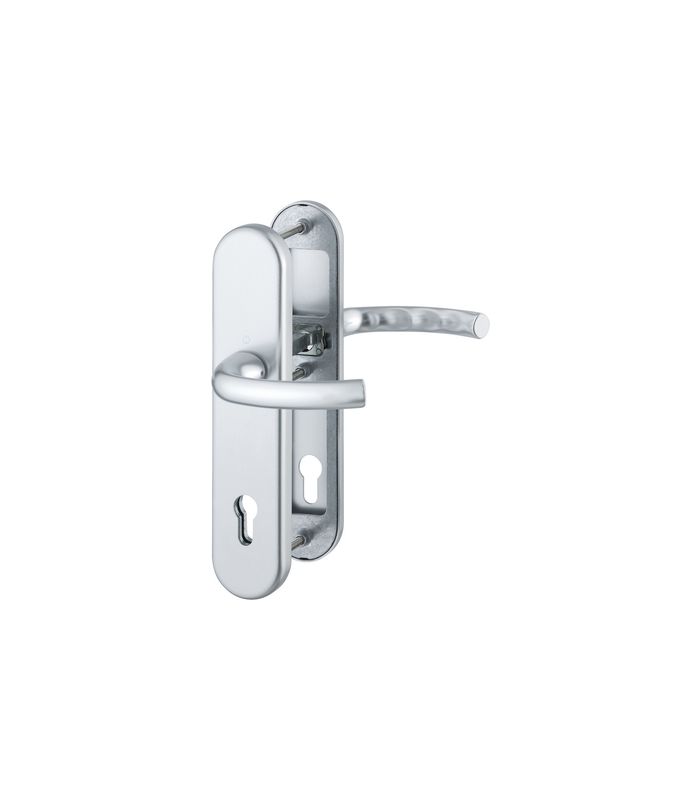 HOPPE Sicherheits-Drückergarnitur Tôkyô 1710/3331/3410, Langschild oval, 12mm, ES 1, ohne Zylinderabdeckung, Profilzylinder gelocht, Entfernung 92mm, Vierkant 10mm, Türstärke 66-71mm, naturfarben eloxiert