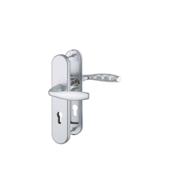 HOPPE Sicherheits-Drückergarnitur New York 1810H/3331/3410, Langschild oval, 12mm, ES 1, ohne Zylinderabdeckung, Profilzylinder gelocht, Entfernung 72mm, Vierkant 8mm, Türstärke 41-46mm, naturfarben eloxiert