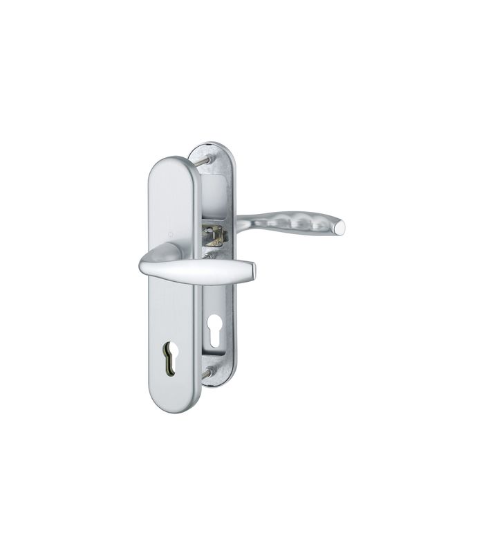 HOPPE Sicherheits-Drückergarnitur New York 1810H/3331/3410, Langschild oval, 12mm, ES 1, ohne Zylinderabdeckung, Profilzylinder gelocht, Entfernung 92mm, Vierkant 10mm, Türstärke 61-71mm, naturfarben eloxiert