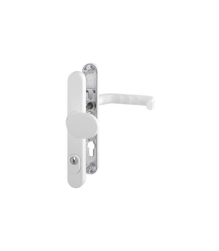 HOPPE Sicherheits-Wechselgarnitur Liverpool 86G/3359ZA/3357N/1313G, Langschild oval, 15mm, ES 1, mit Zylinderabdeckung, Profilzylinder gelocht, Entfernung 92mm, Vierkant 8mm, Türstärke 67-72mm, verkehrsweiß beschichtet