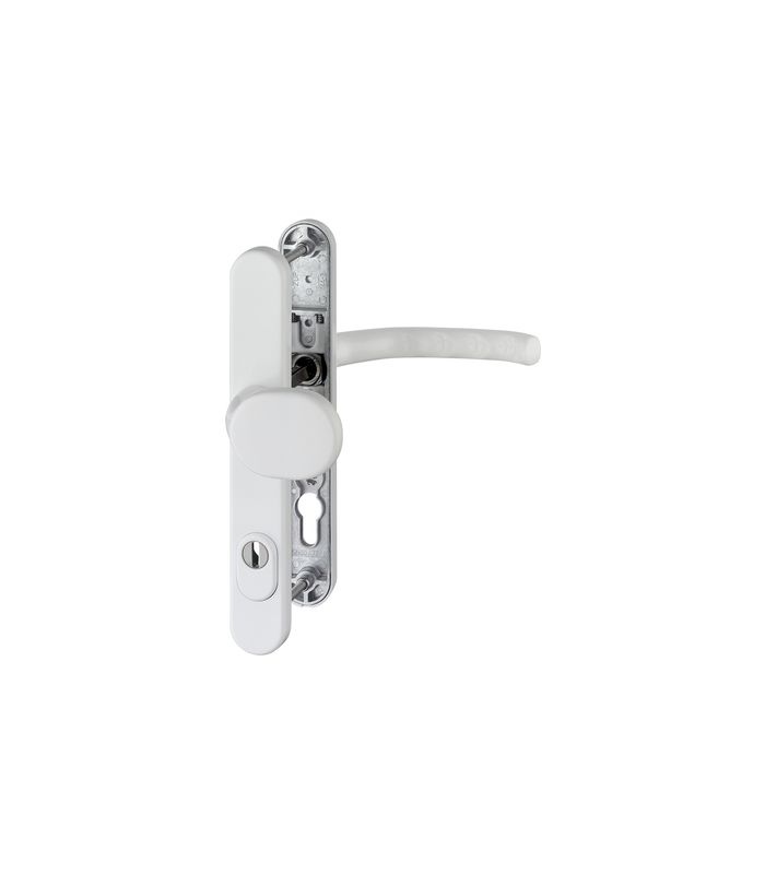 HOPPE Sicherheits-Wechselgarnitur Luxembourg 86G/3359ZA/3357N/1500, Langschild oval, 15mm, ES 1, mit Zylinderabdeckung, Profilzylinder gelocht, Entfernung 92mm, Vierkant 8mm, Türstärke 67-72mm, verkehrsweiß beschichtet