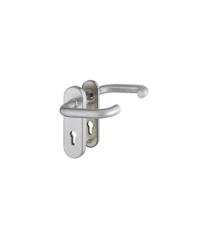 HOPPE Sicherheits-Drückergarnitur Paris E138Z/3331K/353K-1, Kurzschild oval, 12mm, ES 1, ohne Zylinderabdeckung, Profilzylinder gelocht, Entfernung 72mm, Vierkant 8mm, Türstärke 37-42mm, edelstahl matt