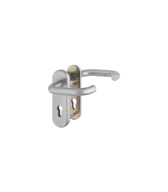 HOPPE Sicherheits-Drückergarnitur Paris FS-E138F/3331K/353K-1, Kurzschild oval, 12mm, ES 1, ohne Zylinderabdeckung, Profilzylinder gelocht, Entfernung 72mm, Vierkant 9mm, Türstärke 42-47mm, edelstahl matt