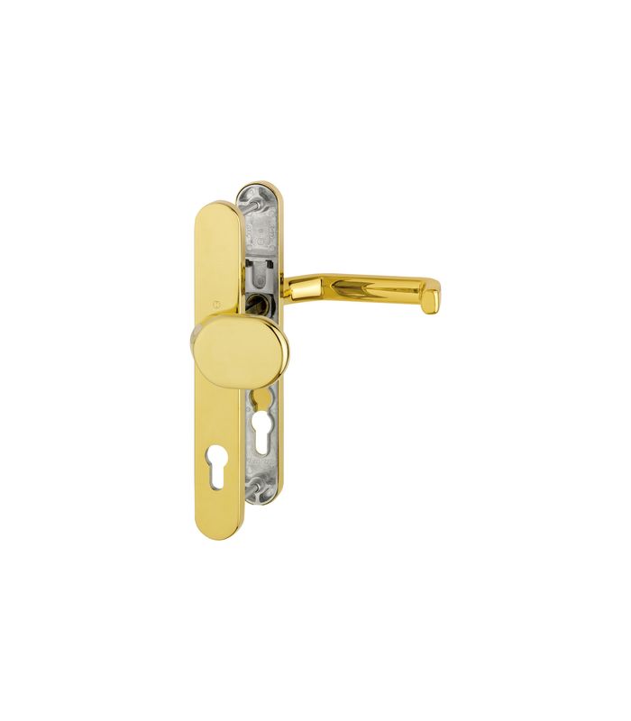 HOPPE Wechselgarnitur Liverpool M86G/3357N/1313G, Langschild, oval, Profilzylinder gelocht, Entfernung 92mm, Vierkant 8mm, Türstärke 67 - 72mm, Befestigungstechnik mit Stütznocken, gelb, messingfarben poliert-Resista®