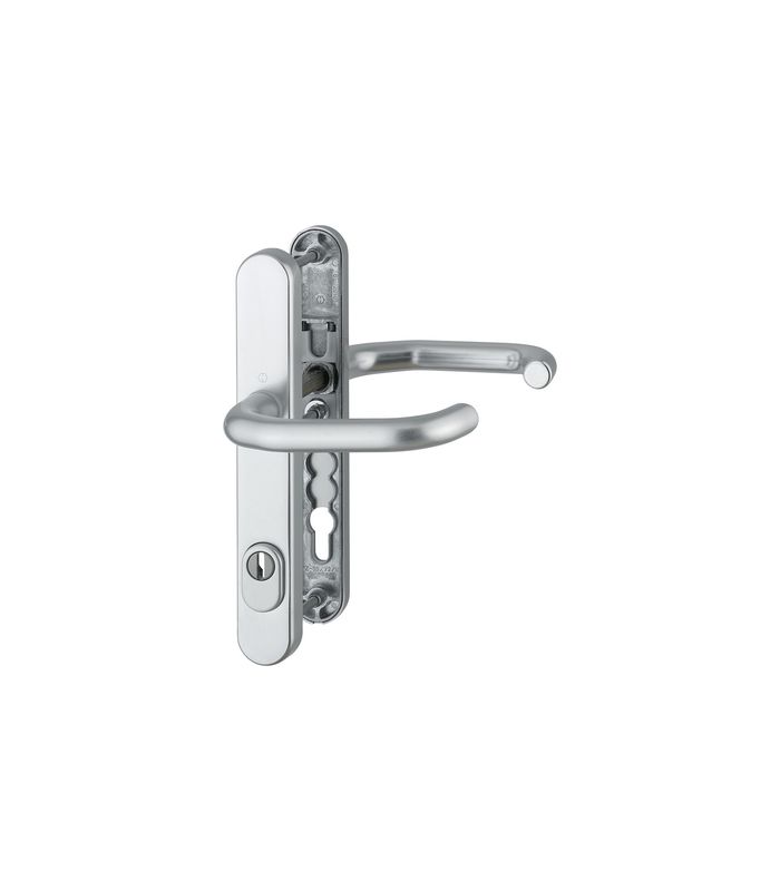 HOPPE Sicherheits-Drückergarnitur Paris RD-138GF/3359ZA/3357N, Langschild oval, 15mm, ES 1, mit Zylinderabdeckung, Profilzylinder gelocht, Entfernung 92mm, Vierkant 9mm, Türstärke 67-72mm, naturfarben eloxiert