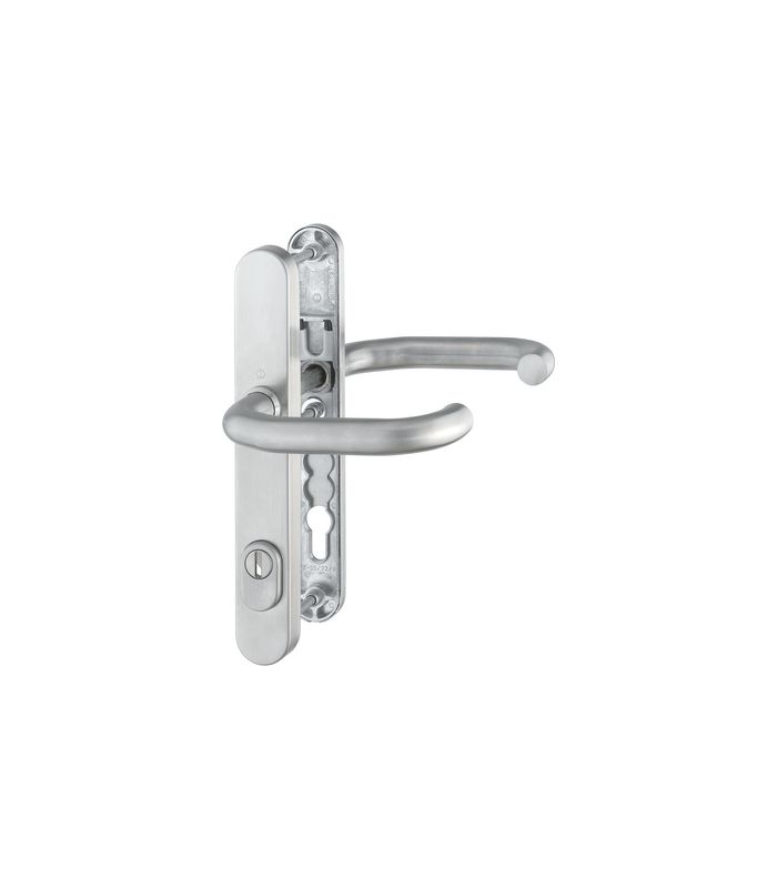 HOPPE Sicherheits-Drückergarnitur Paris RD-E138GF/3359ZA/3357N, Langschild oval, 15mm, ES 1, mit Zylinderabdeckung, Profilzylinder gelocht, Entfernung 92mm, Vierkant 9mm, Türstärke 67-72mm, edelstahl matt