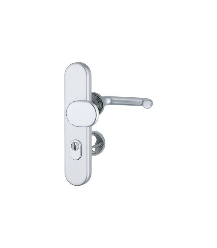 HOPPE Kombi-Schutzgarnitur Paris FS-86G/3332ZA/42H/42HS/138, Langschild/Rosette, ES 1, mit Zylinderabdeckung, Profilzylinder gelocht, Entfernung 72mm, Vierkant 9mm, TS 42 - 47mm, silber, naturfarben, eloxiert, Schildstärke 15mm