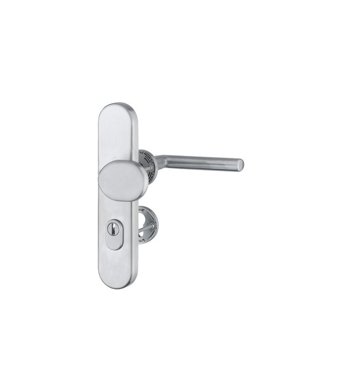 HOPPE Kombi-Schutzgarnitur Stockholm FS-E86G/3332ZA/42H/42HS/1140, Langschild/Rosette, ES 1, mit Zylinderabdeckung, Profilzylinder gelocht, Entfernung 72mm, Vierkant 9mm, TS 42 - 47mm, grau, edelstahl matt, Schildstärke 15mm