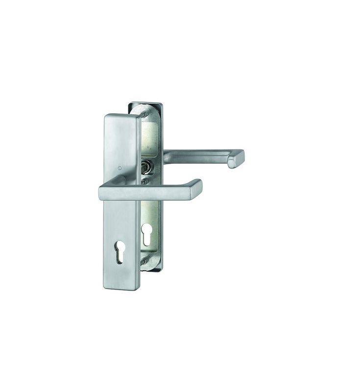 HOPPE Sicherheits-Drückergarnitur Detroit FS-E1644F/2221/2210, Langschild eckig, 12mm, ES 1, ohne Zylinderabdeckung, Profilzylinder gelocht, Entfernung 92mm, Vierkant 9mm, Türstärke 67-72mm, edelstahl matt