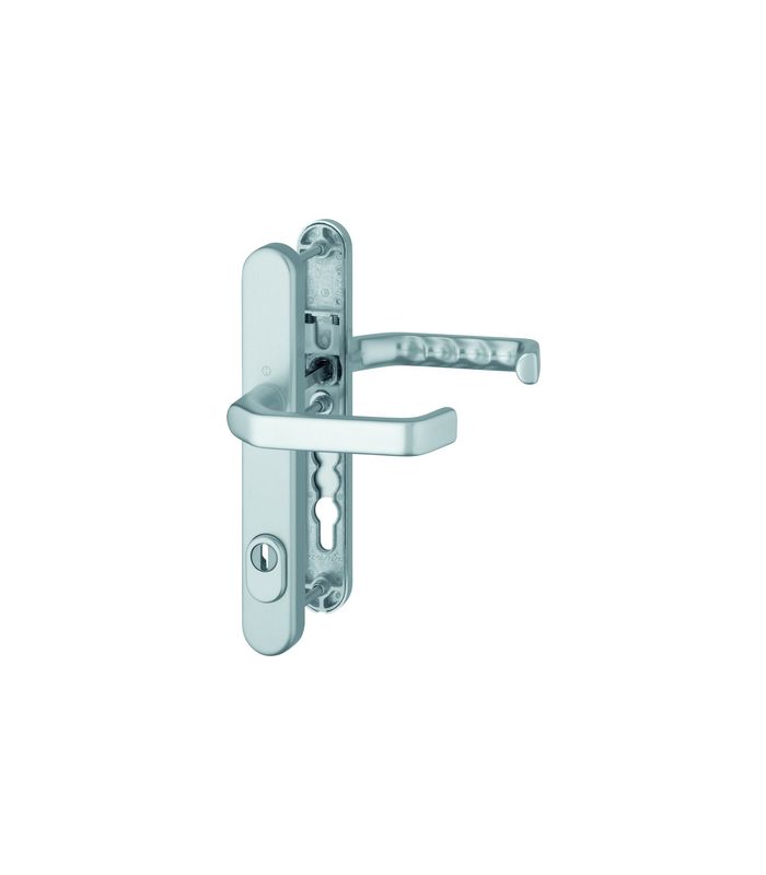 HOPPE Sicherheits-Drückergarnitur Liverpool 1313G/3359ZA/3357N, Langschild oval, 15mm, ES 1, mit Zylinderabdeckung, Profilzylinder gelocht, Entfernung 92mm, Vierkant 8mm, Türstärke 67-72mm, naturfarben eloxiert