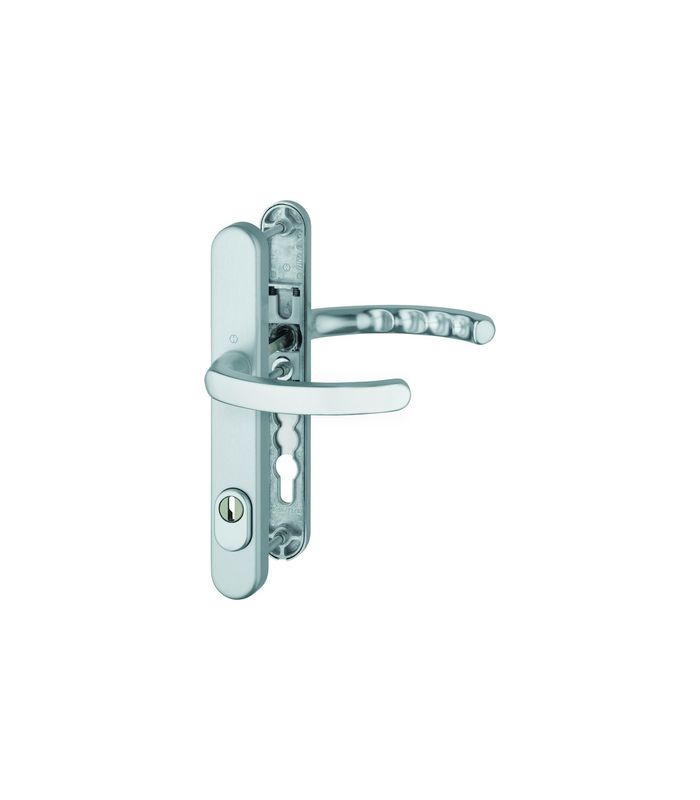 HOPPE Sicherheits-Drückergarnitur Luxembourg 1500/3359ZA/3357N, Langschild oval, 15mm, ES 1, mit Zylinderabdeckung, Profilzylinder gelocht, Entfernung 92mm, Vierkant 8mm, Türstärke 67-72mm, naturfarben eloxiert