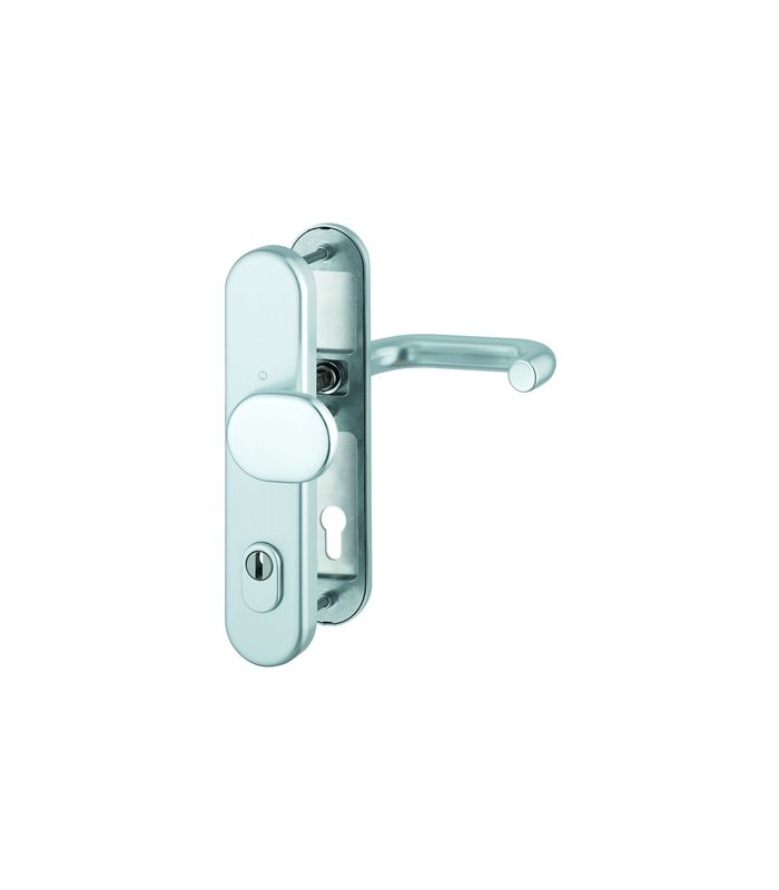 HOPPE Sicherheits-Wechselgarnitur Paris FS-86G/3332ZA/3310/138F, Langschild oval, 15mm, ES 1, mit Zylinderabdeckung, Profilzylinder gelocht, Entfernung 92mm, Vierkant 9mm, Türstärke 67-72mm, naturfarben eloxiert
