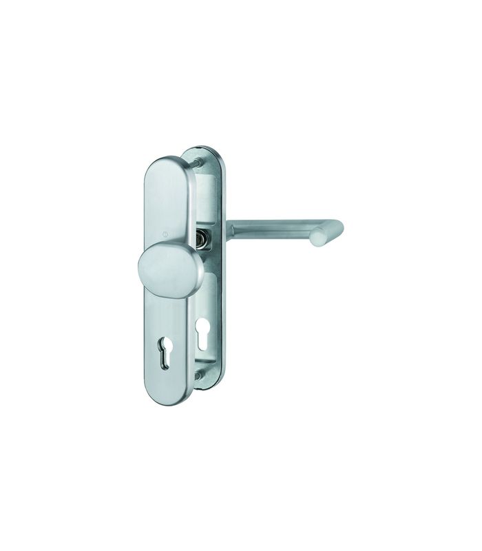 HOPPE Sicherheits-Wechselgarnitur Rotterdam FS-E86G/3331/3310/1401F, Langschild oval, 12mm, ES 1, ohne Zylinderabdeckung, Profilzylinder gelocht, Entfernung 92mm, Vierkant 9mm, Türstärke 67-72mm, edelstahl matt