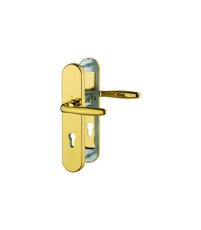 HOPPE Sicherheits-Drückergarnitur Verona M151/3331/3310, Langschild oval, 12mm, ES 1, ohne Zylinderabdeckung, Profilzylinder gelocht, Entfernung 72mm, Vierkant 8mm, Türstärke 42-47mm, messingfarben poliert-Resista®