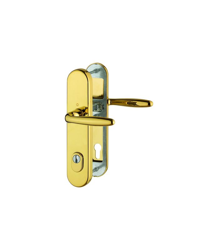 HOPPE Sicherheits-Drückergarnitur Verona M151/3332ZA/3310, Langschild oval, 15mm, ES 1, mit Zylinderabdeckung, Profilzylinder gelocht, Entfernung 92mm, Vierkant 10mm, Türstärke 67-72mm, messingfarben poliert-Resista®
