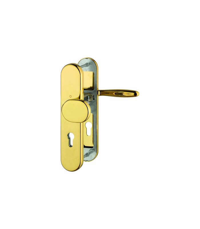 HOPPE Sicherheits-Wechselgarnitur Verona M86G/3331/3310/151, Langschild oval, 12mm, ES 1, ohne Zylinderabdeckung, Profilzylinder gelocht, Entfernung 72mm, Vierkant 8mm, Türstärke 42-47mm, messingfarben poliert-Resista®