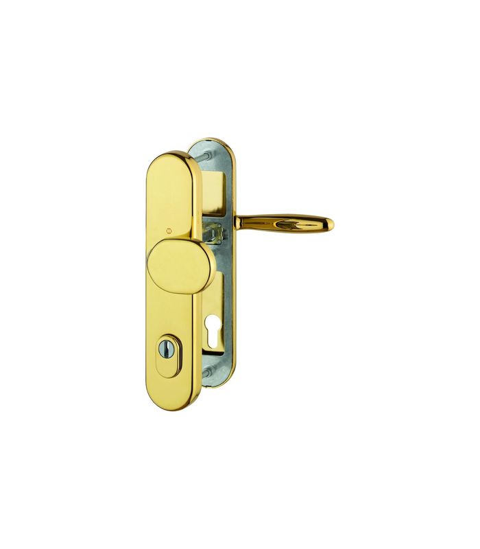 HOPPE Sicherheits-Wechselgarnitur Verona M86G/3332ZA/3310/151, Langschild oval, 12mm, ES 1, mit Zylinderabdeckung, Profilzylinder gelocht, Entfernung 92mm, Vierkant 10mm, Türstärke 67-72mm, messingfarben poliert-Resista®