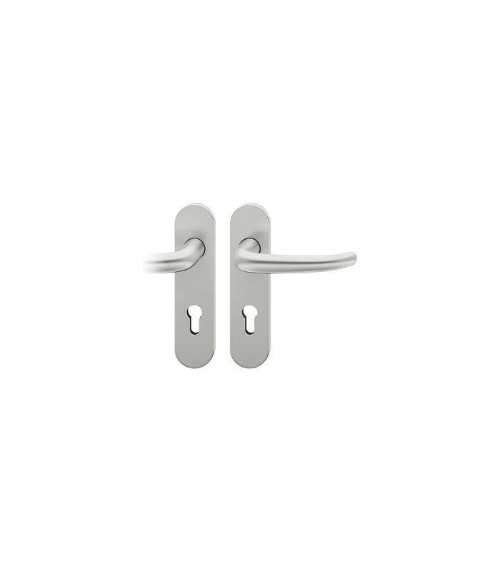 FSB Drückergarnitur 72 1023, Kurzschild, oval, Profilzylinder gelocht, Entfernung 72mm, Vierkant 8mm, DIN Links, Türstärke 39 - 48mm, Befestigungstechnik mit Stütznocken, silber, naturfarben, eloxiert, 35°