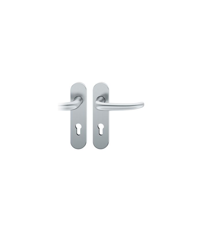 FSB Drückergarnitur 72 1023, Kurzschild, oval, Profilzylinder gelocht, Entfernung 72mm, Vierkant 8mm, DIN Links, Türstärke 39 - 48mm, Befestigungstechnik mit Stütznocken, grau, edelstahl, fein matt, 35°