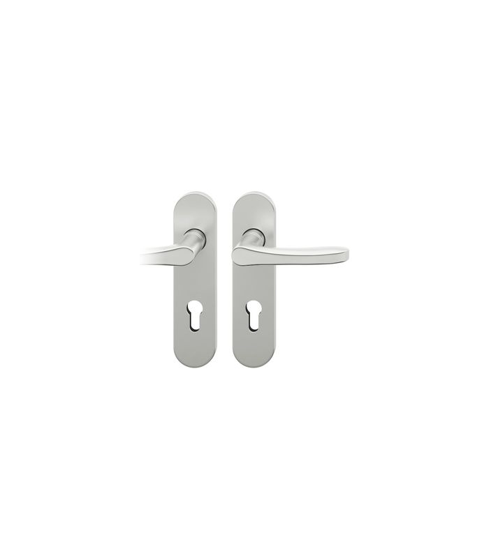 FSB Drückergarnitur 72 1106, Kurzschild, oval, Profilzylinder gelocht, Entfernung 72mm, Vierkant 8mm, DIN Links, Türstärke 39 - 48mm, Befestigungstechnik mit Stütznocken, silber, naturfarben, eloxiert