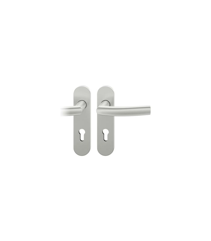 FSB Drückergarnitur 72 1107, Kurzschild, oval, Profilzylinder gelocht, Entfernung 72mm, Vierkant 8mm, DIN Links, Türstärke 39 - 48mm, Befestigungstechnik mit Stütznocken, silber, naturfarben, eloxiert