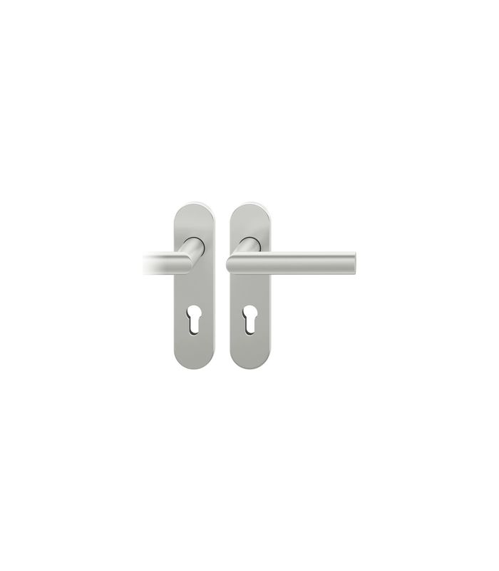 FSB Drückergarnitur 72 1108, Kurzschild, oval, Profilzylinder gelocht, Entfernung 72mm, Vierkant 8mm, DIN Rechts, Türstärke 39 - 48mm, Befestigungstechnik mit Stütznocken, silber, naturfarben, eloxiert, 35°
