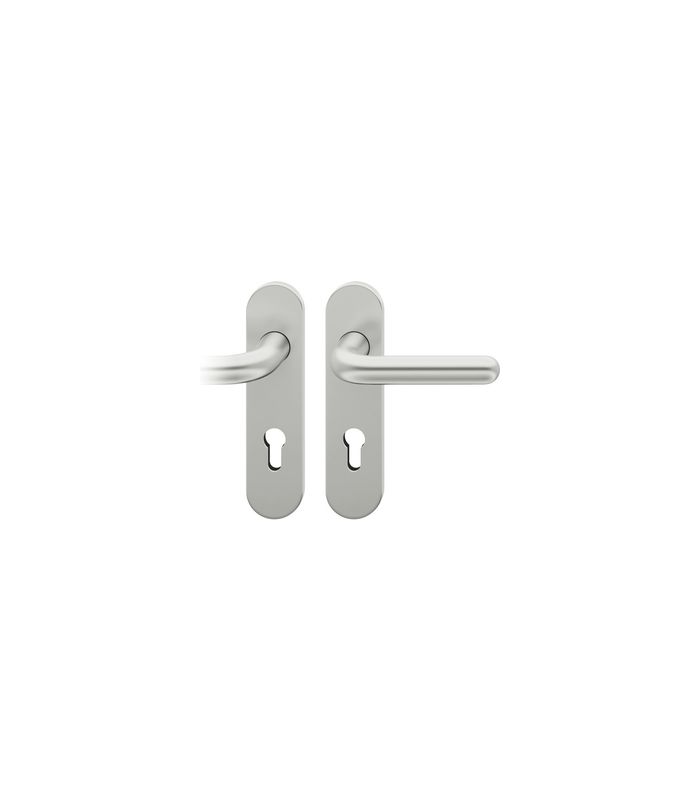 FSB Drückergarnitur 72 1147, Kurzschild, oval, Profilzylinder gelocht, Entfernung 72mm, Vierkant 8mm, DIN Links, Türstärke 39 - 48mm, Befestigungstechnik mit Stütznocken, silber, naturfarben, eloxiert
