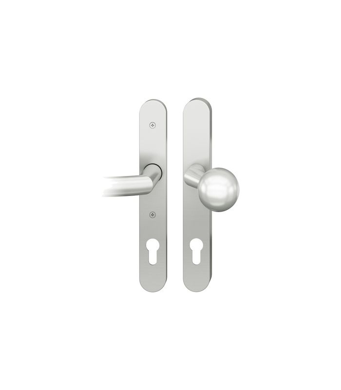 FSB Sicherheits-Wechselgarnitur 73 7330, Langschild oval, 14mm, ES 1, ohne Zylinderabdeckung, Profilzylinder gelocht, Entfernung 92mm, Vierkant 8mm, Türstärke 67-69mm, weiß, ähnlich RAL 9016 farbig kunststoffbeschichtet