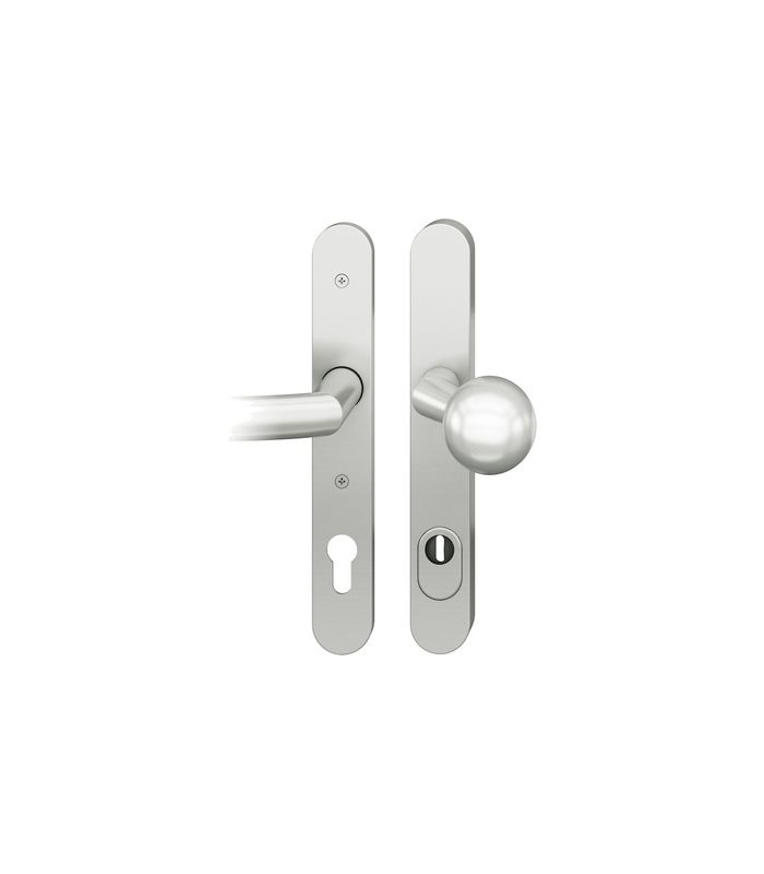 FSB Sicherheits-Wechselgarnitur 73 7331, Langschild oval, 14mm, ES 1, mit Zylinderabdeckung, Profilzylinder gelocht, Entfernung 92mm, Vierkant 8mm, Türstärke 67-69mm, weiß, ähnlich RAL 9016 farbig kunststoffbeschichtet