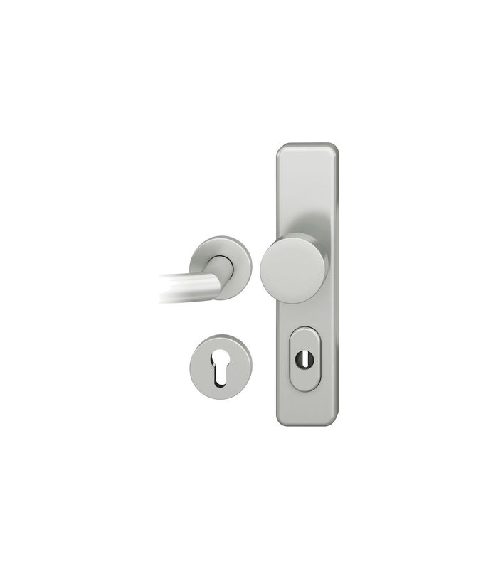 FSB Schutz-Kombi-Wechselgarnitur 73 7576, Langschild/Rosette, 15mm, ES 1, mit Zylinderabdeckung, Profilzylinder gelocht, Entfernung 72mm, Vierkant 9mm, TS 53 - 57mm, silber, naturfarben, eloxiert