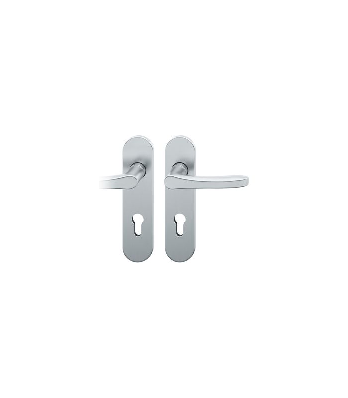 FSB Drückergarnitur 79 1043, Kurzschild, oval, Profilzylinder gelocht, Entfernung 72mm, Vierkant 9mm, DIN Links, Türstärke 39 - 48mm, Befestigungstechnik mit Stütznocken, grau, edelstahl, fein matt