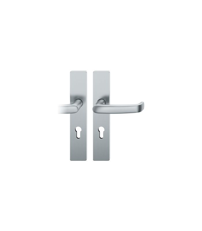 FSB Drückergarnitur 79 1045, Langschild, eckig, Profilzylinder gelocht, Entfernung 72mm, Vierkant 9mm, DIN Rechts, Türstärke 39 - 48mm, Befestigungstechnik mit Stütznocken, grau, edelstahl, fein matt