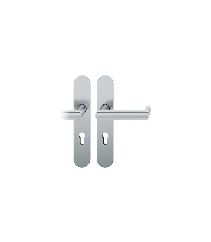 FSB Drückergarnitur 79 1178, Langschild, oval, Profilzylinder gelocht, Entfernung 72mm, Vierkant 9mm, DIN Rechts, Türstärke 39 - 48mm, Befestigungstechnik mit Stütznocken, grau, edelstahl, fein matt