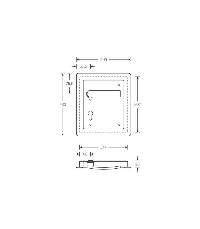 Turnhallenbeschlag 77 7950 230x200,für Schild,PZ92,DR,8mm,ER,TS55