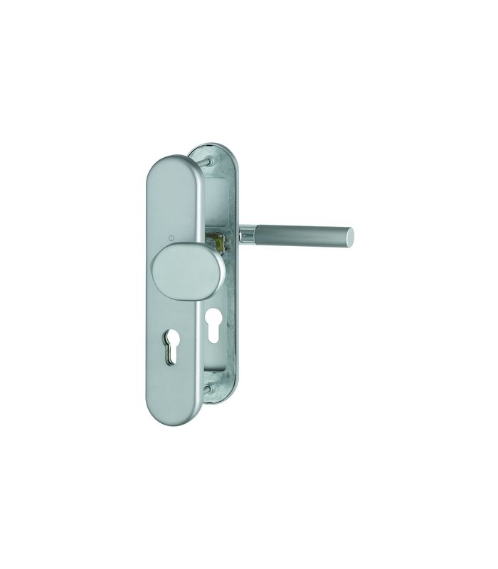 HOPPE Sicherheits-Wechselgarnitur Lecce 86G/3331/3310/1405, Langschild oval, 12mm, ES 1, ohne Zylinderabdeckung, Profilzylinder gelocht, Entfernung 72mm, Vierkant 8mm, Türstärke 37-42mm, stahlfarbig matt eloxiert, DIY
