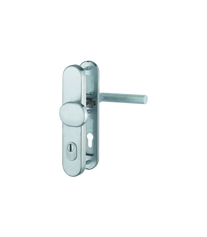 HOPPE Sicherheits-Wechselgarnitur Amsterdam E86G/3332ZA/3310/1400Z, Langschild oval, 15mm, ES 1, ohne Zylinderabdeckung, Profilzylinder gelocht, Entfernung 92mm, Vierkant 10mm, Türstärke 67-72mm, edelstahl matt