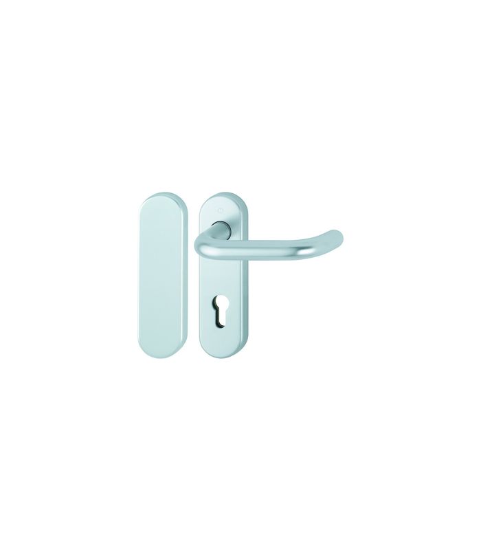 HOPPE Standflügelgarnitur Paris FS-138/353KH, Kurzschild, oval, Blind/Profilzylinder gelocht, Entfernung 72mm, Vierkant 9mm, Türstärke 40 - 65mm, Befestigungstechnik mit Stütznocken, silber, naturfarben, eloxiert
