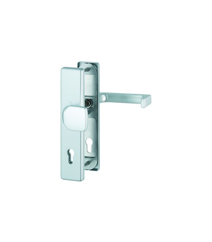 HOPPE Sicherheits-Wechselgarnitur Dallas FS-61G/2221/2210/1644F, Langschild eckig, 12mm, ES 1, ohne Zylinderabdeckung, Profilzylinder gelocht, Entfernung 92mm, Vierkant 9mm, Türstärke 67-72mm, naturfarben eloxiert