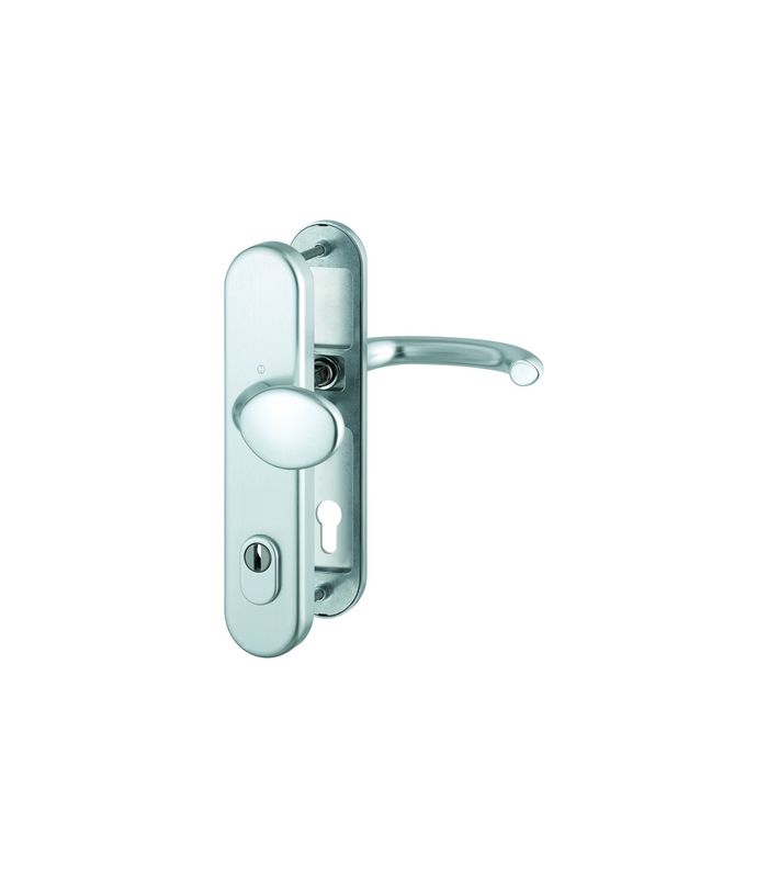 HOPPE Sicherheits-Wechselgarnitur Marseille FS-76G/3332ZA/3310/1138F, Langschild oval, 12mm, ES 1, ohne Zylinderabdeckung, Profilzylinder gelocht, Entfernung 92mm, Vierkant 9mm, Türstärke 67-72mm, naturfarben eloxiert