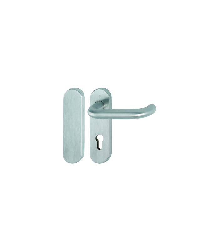 HOPPE Standflügelgarnitur Paris FS-E138/353KH, Kurzschild, oval, Blind/Profilzylinder gelocht, Entfernung 72mm, Vierkant 9mm, Türstärke 40 - 65mm, Befestigungstechnik mit Stütznocken, grau, edelstahl matt