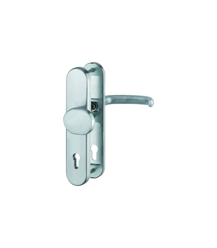 HOPPE Sicherheits-Wechselgarnitur San Francisco FS-E86G/3331/3310/1301F, Langschild oval, 12mm, ES 1, ohne Zylinderabdeckung, Profilzylinder gelocht, Entfernung 92mm, Vierkant 9mm, Türstärke 67-72mm, edelstahl matt