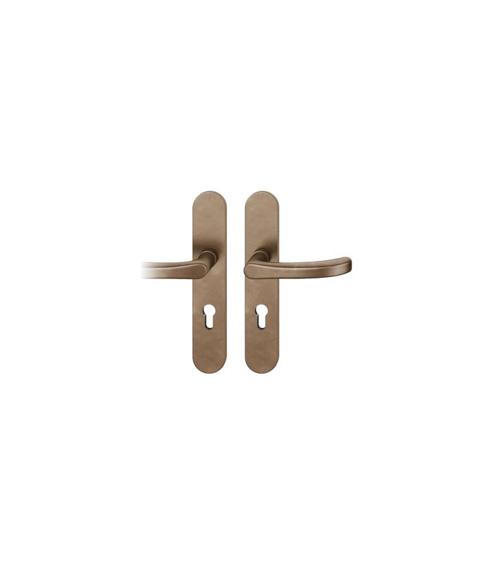 FSB Drückergarnitur 79 1043, Langschild, oval, Profilzylinder gelocht, Entfernung 72mm, Vierkant 9mm, DIN Links, Türstärke 39 - 48mm, Befestigungstechnik mit Stütznocken, braun, dunkelbronze, patiniert gewachst