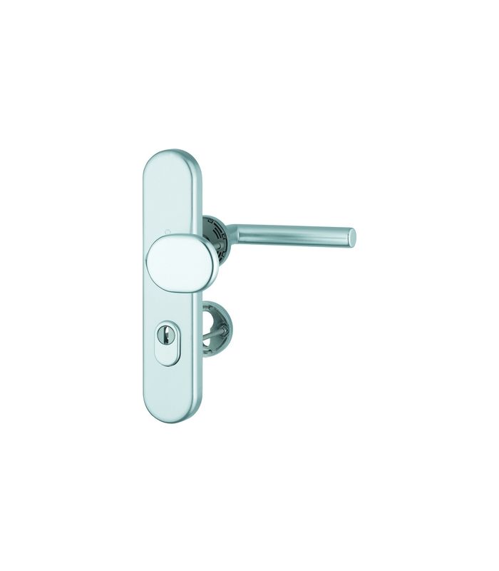 HOPPE Kombi-Schutzgarnitur Amsterdam FS-86G/3332ZA/42H/42HS/1400, Langschild/Rosette, ES 1, mit Zylinderabdeckung, Profilzylinder gelocht, Entfernung 72mm, Vierkant 9mm, TS 42 - 47mm, silber, naturfarben, eloxiert, Schildstärke 15mm