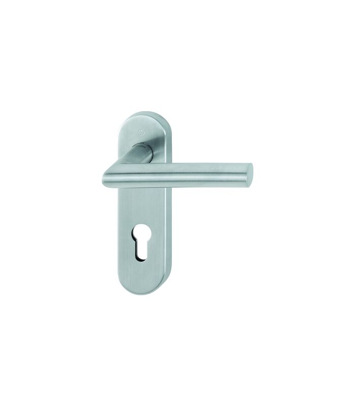 HOPPE Drückergarnitur Amsterdam FS-E1400/353KH, Kurzschild, oval, Profilzylinder gelocht, Entfernung 72mm, Vierkant 9mm, Türstärke 40 - 65mm, Befestigungstechnik mit Stütznocken, grau, edelstahl matt-SecuSan
