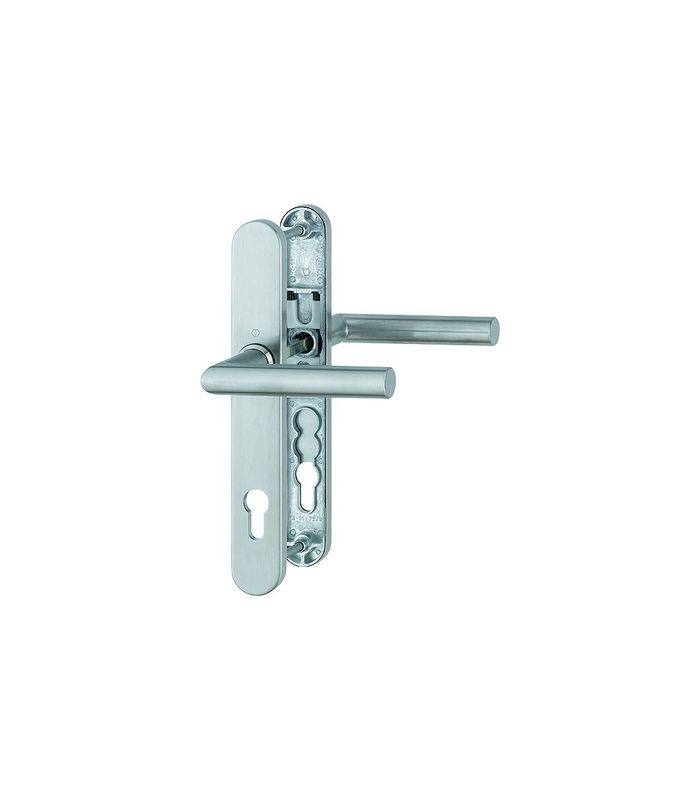 HOPPE Drückergarnitur Amsterdam E1400F/3357N, Langschild, oval, Profilzylinder gelocht, Entfernung 92mm, Vierkant 8mm, Türstärke 67 - 72mm, Befestigungstechnik mit Stütznocken, grau, edelstahl matt